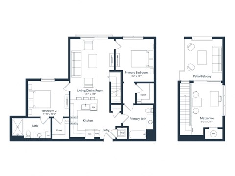 Floor plan for 2 beds, 2 baths, 1236 sqft